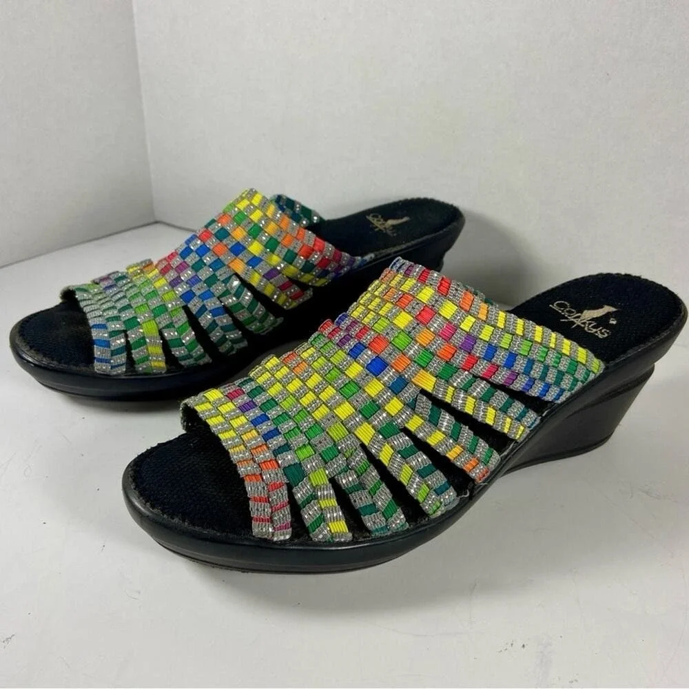Corkys Rainbow Woven Wedge Sandals Silver Sparkle Slides Size 9
